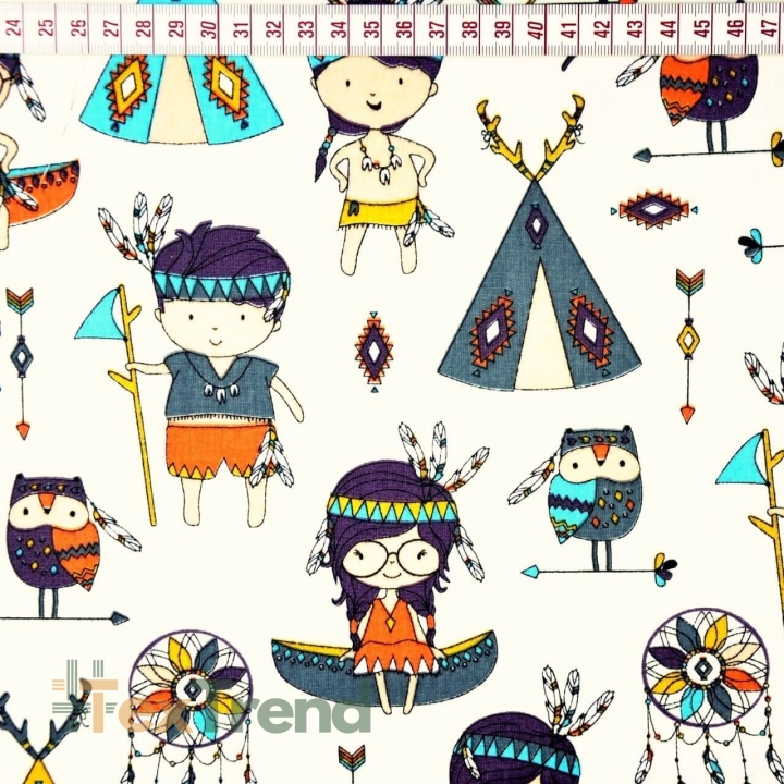 Baumwolle 100% bunte Indianer auf ecrufarbenem Hintergrund  
