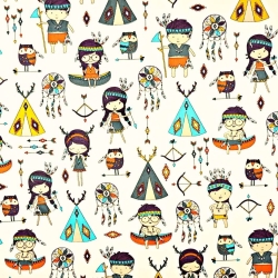 Baumwolle 100% bunte Indianer auf ecrufarbenem Hintergrund  