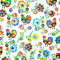 Baumwolle 100% Muster Hähne Łowickie weißer Hintergrund  
