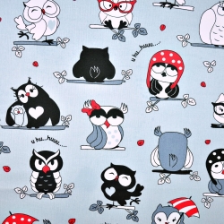 Baumwolle 100% verrückte Eulen mit Rot auf grauem Hintergrund  