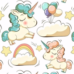 Baumwolle 100% Einhörner mit Luftballons auf weißem Hintergrund  