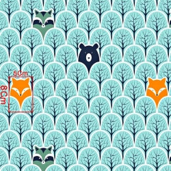 Baumwolle 100% Waschbären und Füchse in mintfarbenen Bäumen  