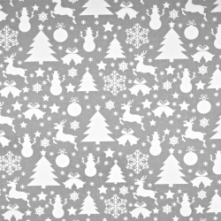 Baumwolle 100% Weihnachtsmuster weiße Tannenbäume und Schneemänner auf grauem Hintergrund  