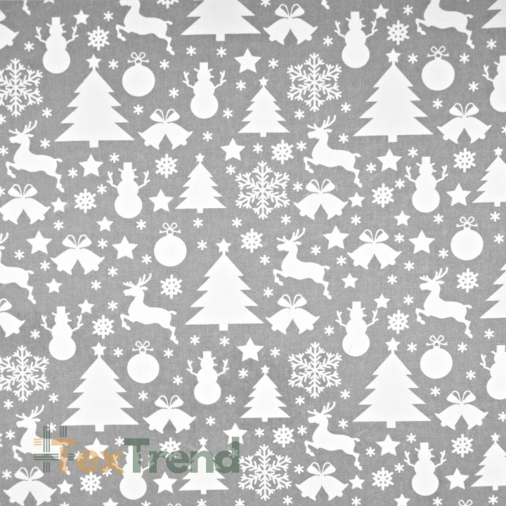 Baumwolle 100% Weihnachtsmuster weiße Tannenbäume und Schneemänner auf grauem Hintergrund  