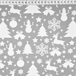 Baumwolle 100% Weihnachtsmuster weiße Tannenbäume und Schneemänner auf grauem Hintergrund  