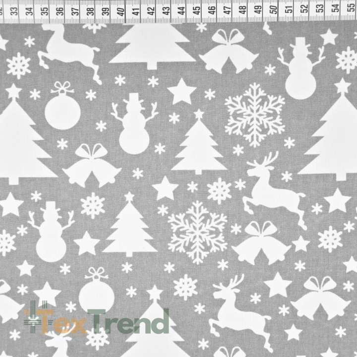 Baumwolle 100% Weihnachtsmuster weiße Tannenbäume und Schneemänner auf grauem Hintergrund  