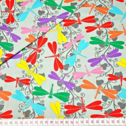 Baumwolle 100% bunte Libellen auf grauem Hintergrund  