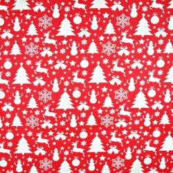 Baumwolle 100% Weihnachtsmuster weiße Tannenbäume und Schneemänner auf rotem Hintergrund  