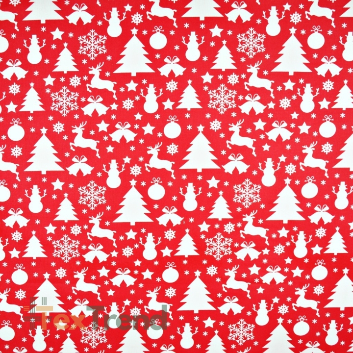 Baumwolle 100% Weihnachtsmuster weiße Tannenbäume und Schneemänner auf rotem Hintergrund  
