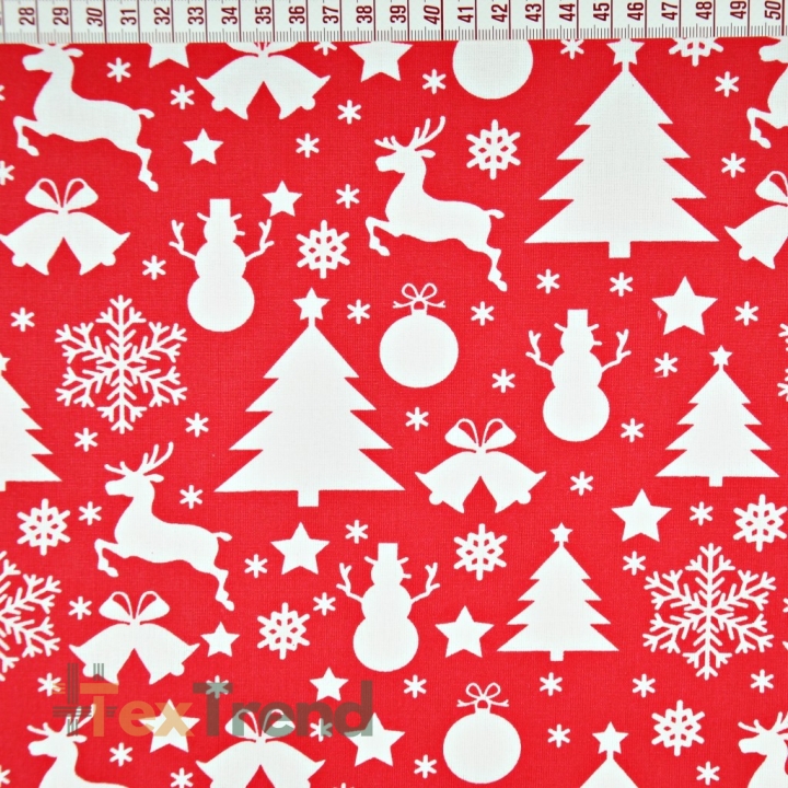 Baumwolle 100% Weihnachtsmuster weiße Tannenbäume und Schneemänner auf rotem Hintergrund  