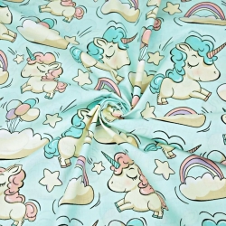 Baumwolle 100% Einhörner mit Luftballons auf mintfarbenem Hintergrund  