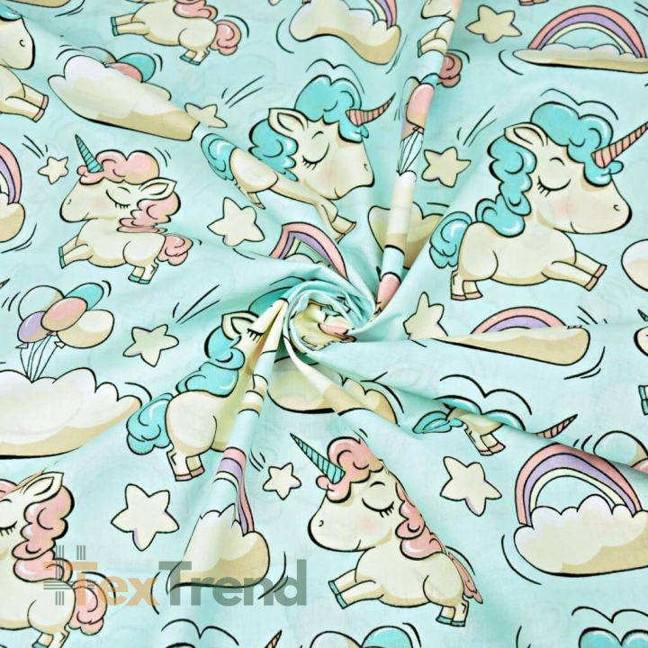 Baumwolle 100% Einhörner mit Luftballons auf mintfarbenem Hintergrund  