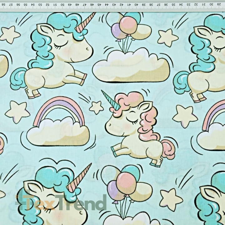 Baumwolle 100% Einhörner mit Luftballons auf mintfarbenem Hintergrund  