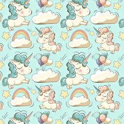 Baumwolle 100% Einhörner mit Luftballons auf mintfarbenem Hintergrund  