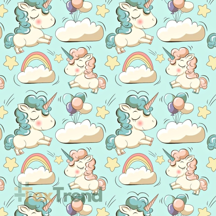 Baumwolle 100% Einhörner mit Luftballons auf mintfarbenem Hintergrund  