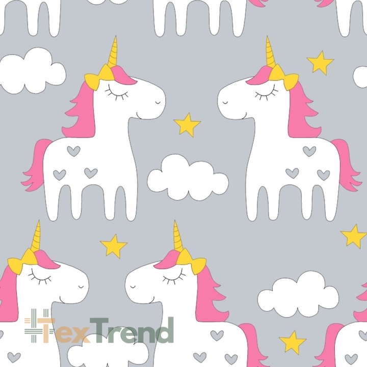Baumwolle 100% Einhörner auf grauem Hintergrund  