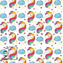 Baumwolle 100% Regenbogen-Einhörner bunt auf weißem Hintergrund  