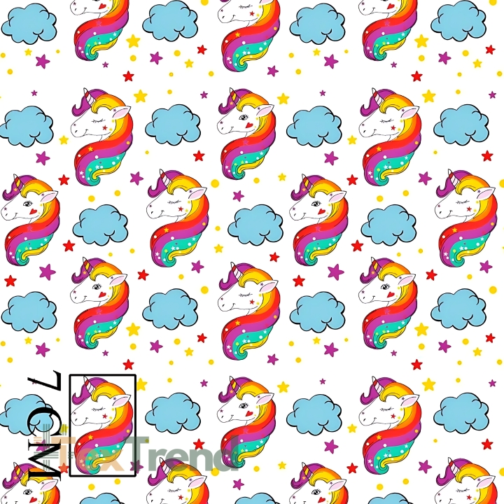 Baumwolle 100% Regenbogen-Einhörner bunt auf weißem Hintergrund  