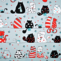 Baumwolle 100% verrückte Kätzchen in rot-türkisen Streifen auf grauem Hintergrund  