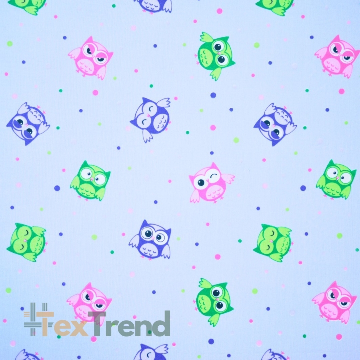 Baumwolle 100% Eulen mit Punkten auf hellblauem Hintergrund  
