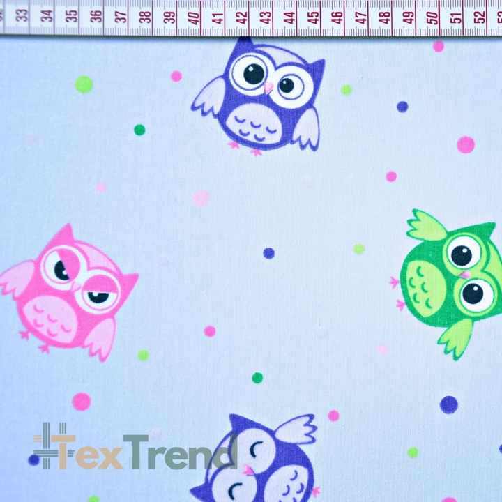 Baumwolle 100% Eulen mit Punkten auf hellblauem Hintergrund  