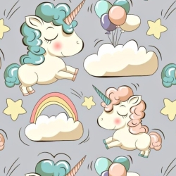 Baumwolle 100% Einhörner mit Luftballons auf grauem Hintergrund  
