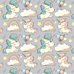 Baumwolle 100% Einhörner mit Luftballons auf grauem Hintergrund  