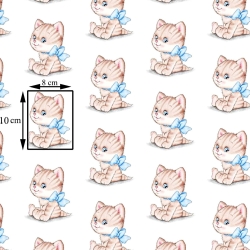 Baumwolle 100% Kätzchen beige mit blauen Schleifen auf weißem Hintergrund  