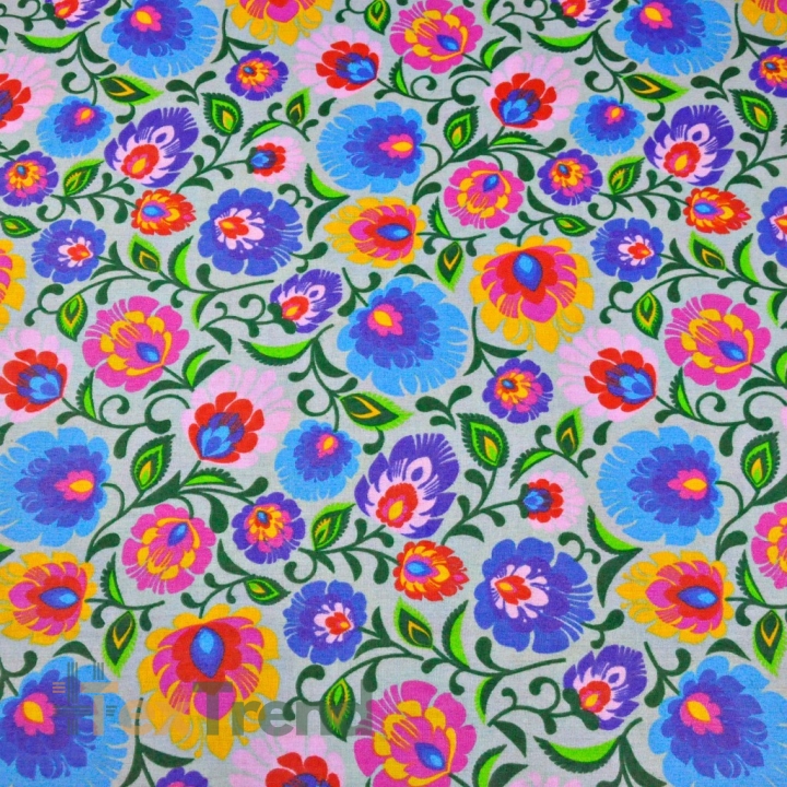 Baumwolle 100% Łowicki-Muster auf grauem Hintergrund  