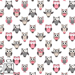 Baumwolle 100% Eulen grau-rosa auf weißem Hintergrund  