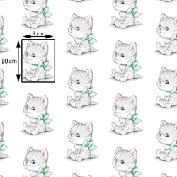 Baumwolle 100% Kätzchen grau mit grünen Schleifen auf weißem Hintergrund  