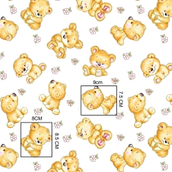 Baumwolle 100% Bären beige mit Blumen auf weißem Hintergrund  