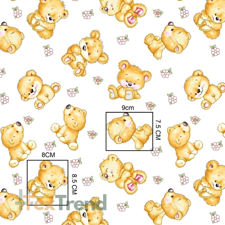 Baumwolle 100% Bären beige mit Blumen auf weißem Hintergrund  