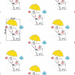 Baumwolle 100% Elefanten mit gelben Regenschirmen auf weißem Hintergrund  
