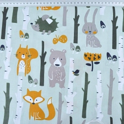 Baumwolle 100% Tiere im Wald auf grau-mintfarbenem Hintergrund  