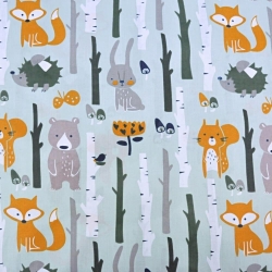 Baumwolle 100% Tiere im Wald auf grau-mintfarbenem Hintergrund  