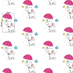 Baumwolle 100% Elefanten mit rosa Regenschirmen auf weißem Hintergrund  