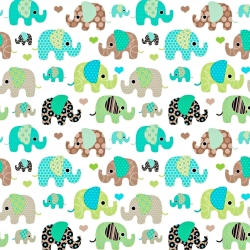 Baumwolle 100% indische Elefanten grün-braun auf weißem Hintergrund  