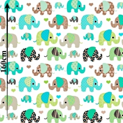 Baumwolle 100% indische Elefanten grün-braun auf weißem Hintergrund  