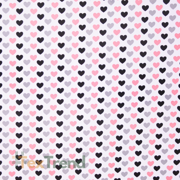 Baumwolle 100% Herzen 12mm grau-rosa-schwarz auf weißem Hintergrund  