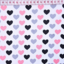 Baumwolle 100% Herzen 12mm grau-rosa-schwarz auf weißem Hintergrund  