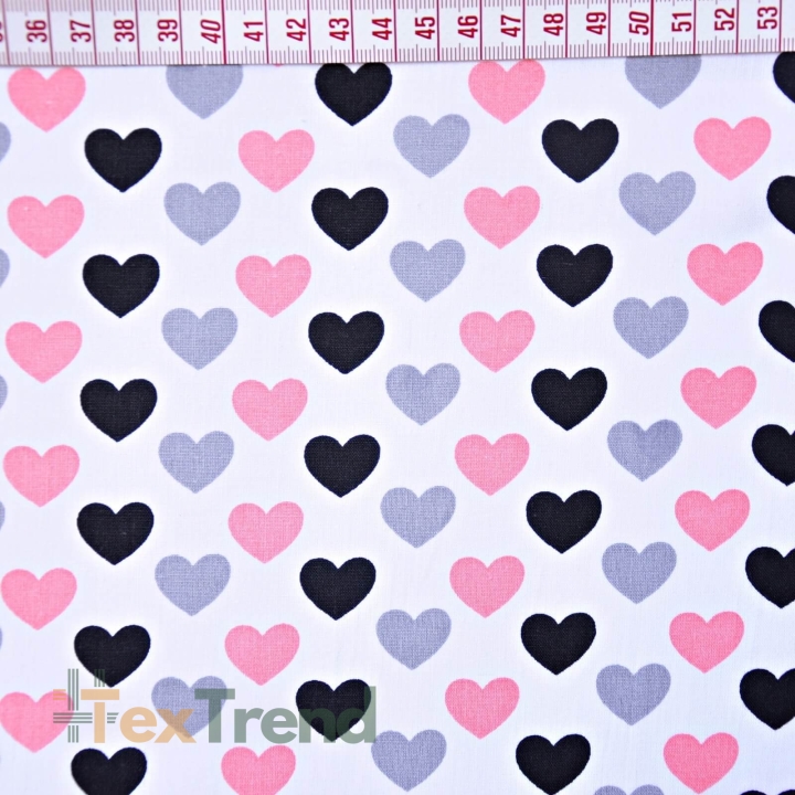 Baumwolle 100% Herzen 12mm grau-rosa-schwarz auf weißem Hintergrund  