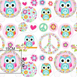 Baumwolle 100% Eulen in rosa-mintfarbenen Kreisen auf weißem Hintergrund  