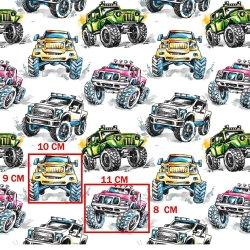 Baumwolle 100% Geländewagen bunt auf weißem Hintergrund  