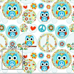 Baumwolle 100% Eulen in blau-mintfarbenen Kreisen auf weißem Hintergrund  