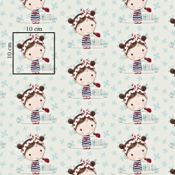 Baumwolle 100% Mädchen mit Marienkäfer auf mint-weißem Hintergrund  