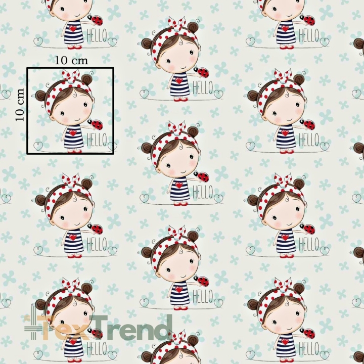 Baumwolle 100% Mädchen mit Marienkäfer auf mint-weißem Hintergrund  