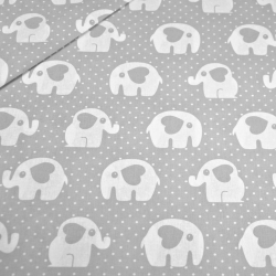 Baumwolle 100% Elefanten mit Punkten auf grauem Hintergrund.  