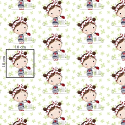 Baumwolle 100% Mädchen mit Marienkäfer auf grün-weißem Hintergrund  