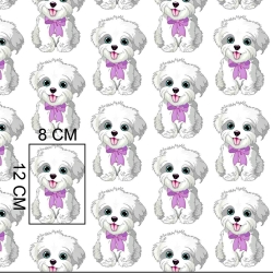 Baumwolle 100% Hunde mit lila Schleife auf weißem Hintergrund  